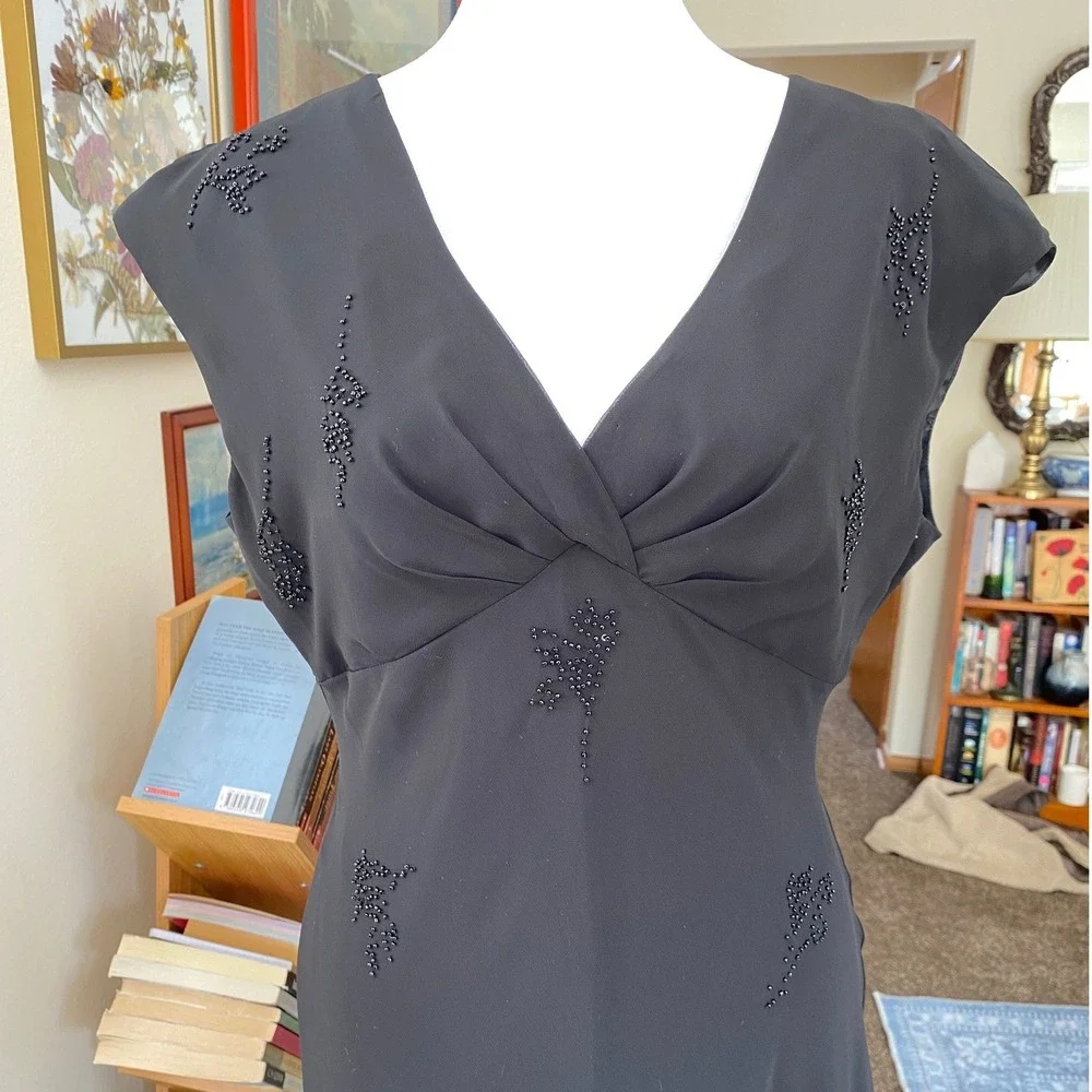 Vintage 1990s Beaded Sheer Empire Waist Black Midi Dress 10 Formal Silky Y2K - Picture 2 of 8